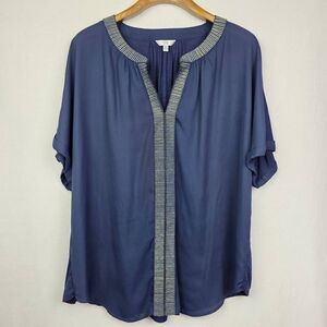Q&A Blue Blouse 2X Embellished Split Neck Top